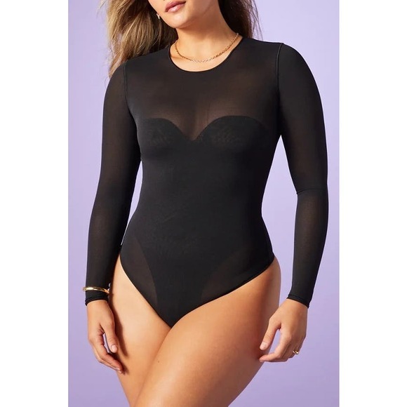 Yitty Mesh Me Smoothing Sleeved Thong Bodysuit Size 1X Black - Picture 1 of 6